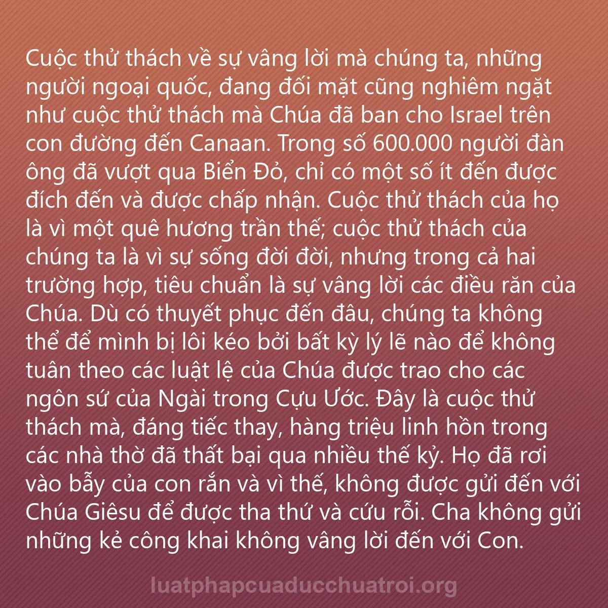 0126 - Bài đăng về Luật pháp của Đức Chúa Trời: Cuộc thử thách về sự vâng lời mà chúng ta, những người...