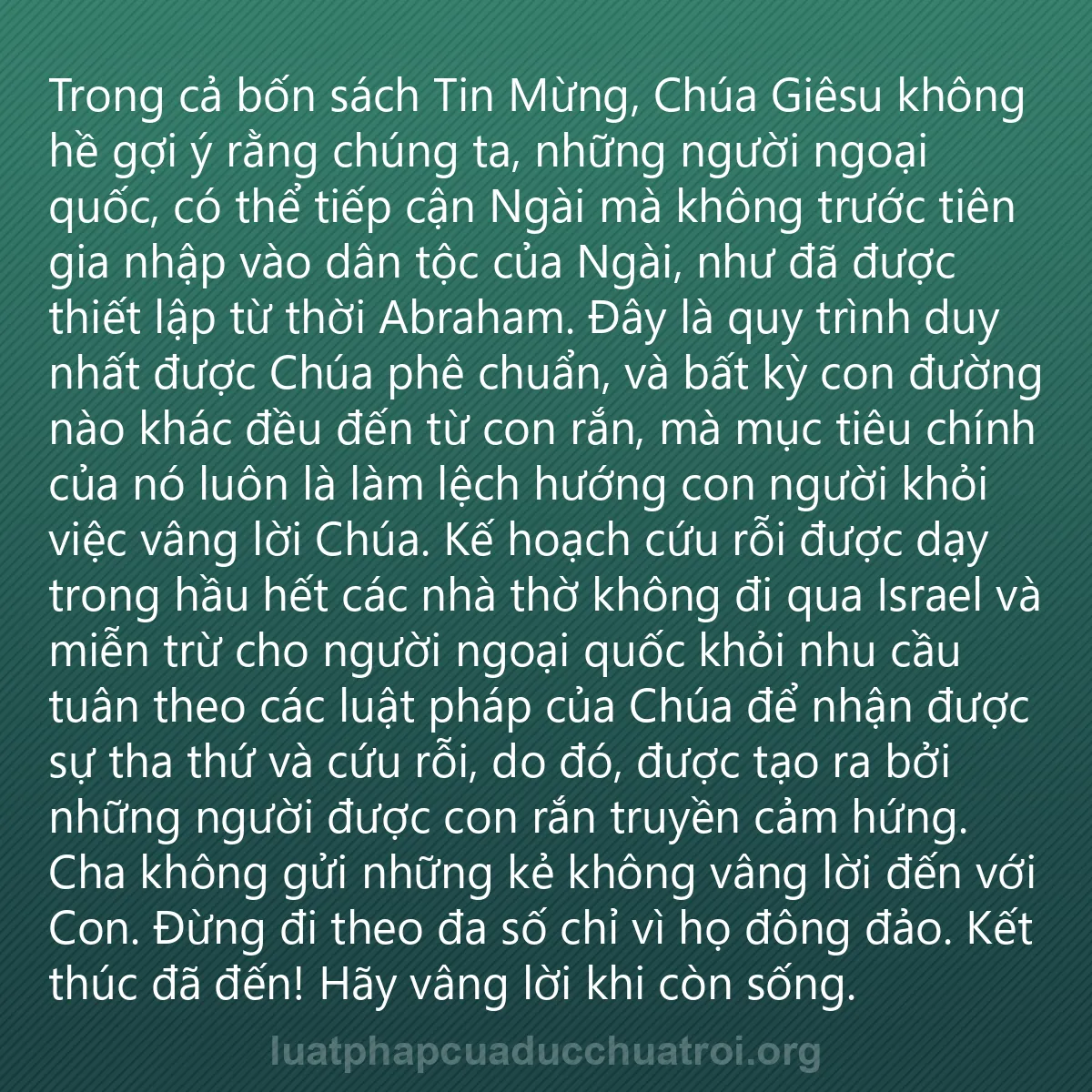 0160 - Bài đăng về Luật pháp của Đức Chúa Trời: Trong cả bốn sách Tin Mừng, Chúa Giêsu không hề gợi...