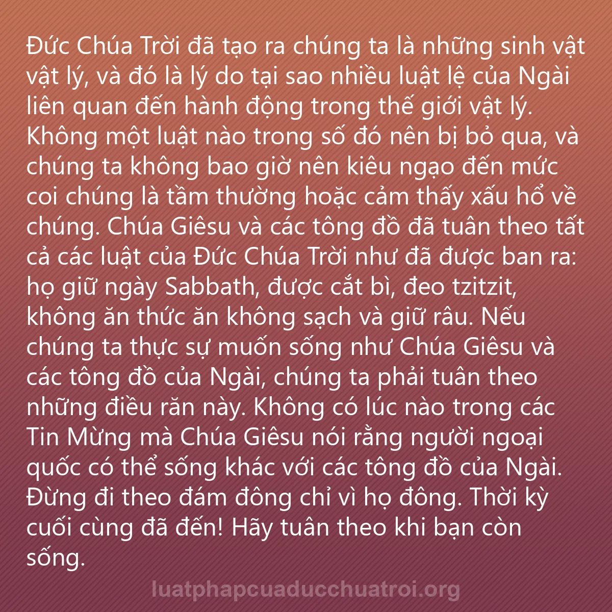 0166 - Bài đăng về Luật pháp của Đức Chúa Trời: Đức Chúa Trời đã tạo ra chúng ta là những sinh vật...