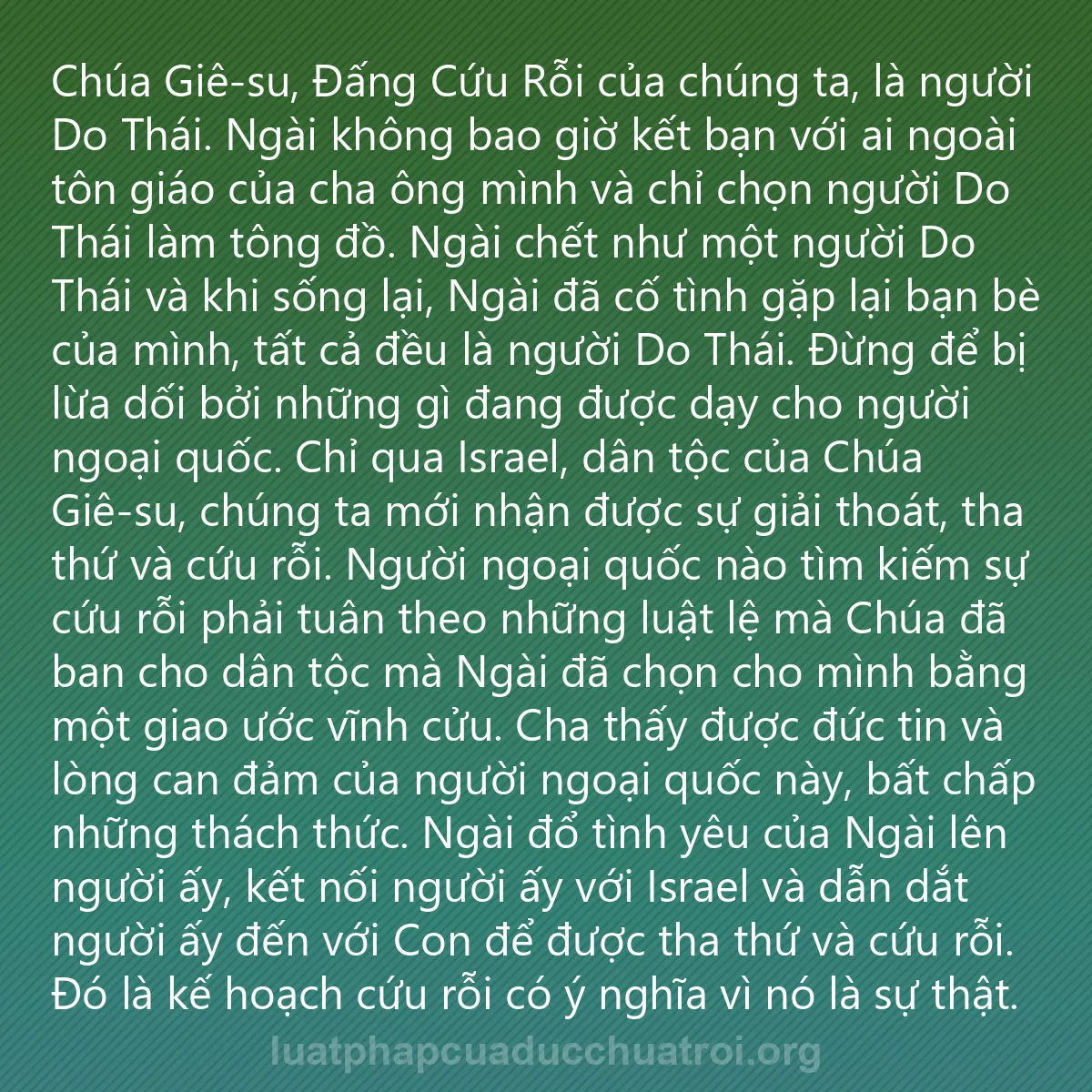 0170 - Bài đăng về Luật pháp của Đức Chúa Trời: Chúa Giê-su, Đấng Cứu Rỗi của chúng ta, là người Do...
