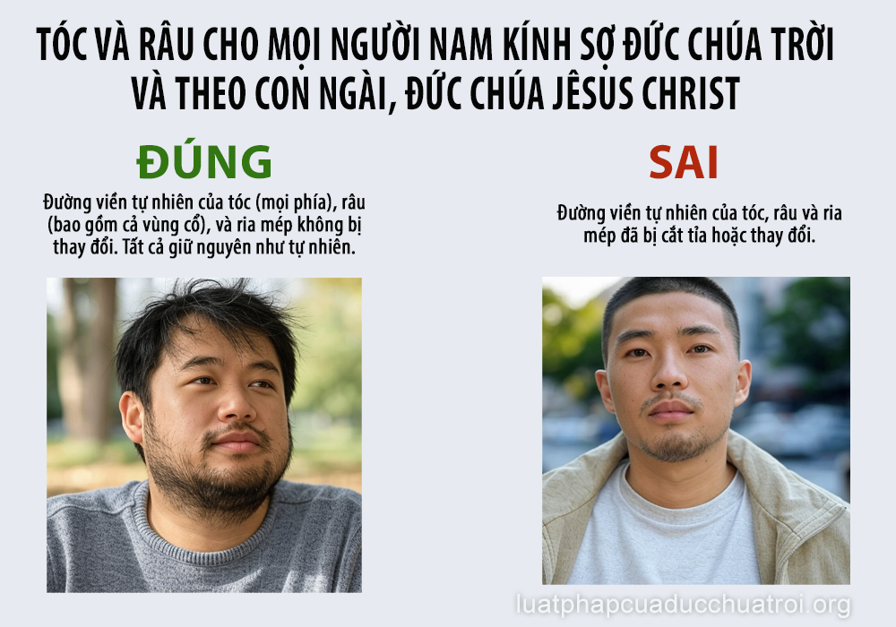 Hai người đàn ông đứng cạnh nhau thể hiện cách đúng và sai trong việc giữ râu tóc theo điều răn của Đức Chúa Trời như được mô tả trong Kinh Thánh.