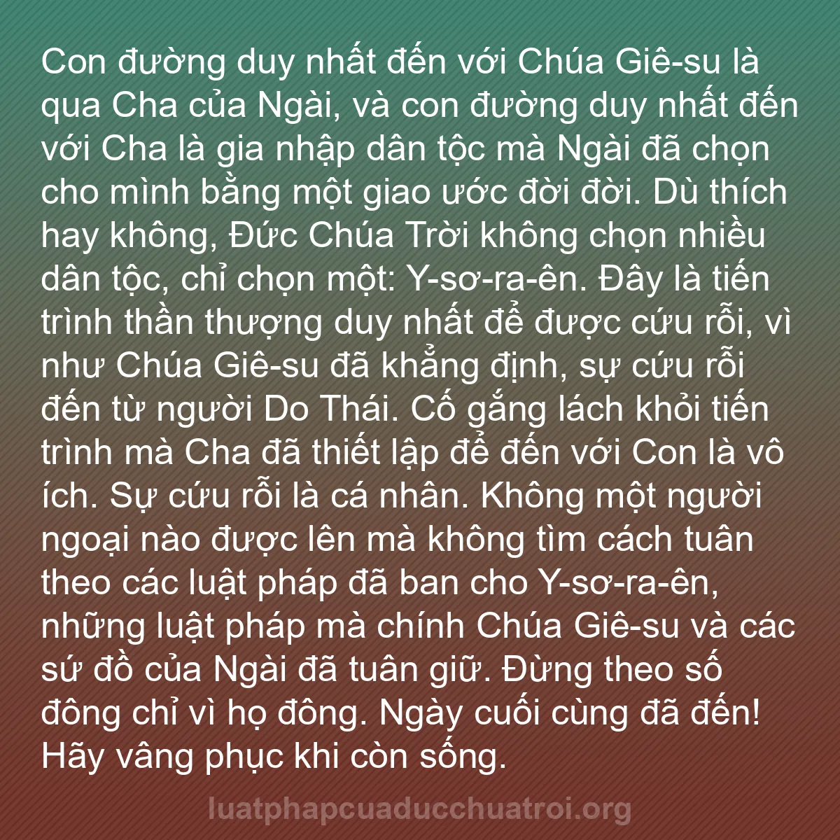 b0013 - Bài đăng về Luật pháp của Đức Chúa Trời: Con đường duy nhất đến với Chúa Giê-su là qua Cha của Ngài,...