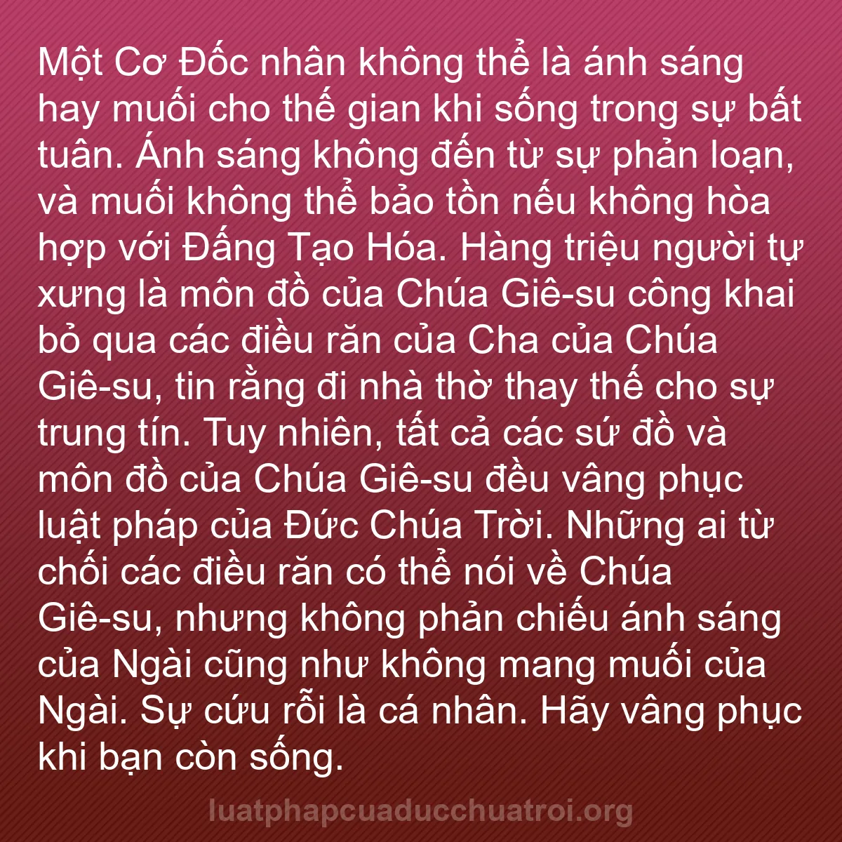b0099 - Bài đăng về Luật pháp của Đức Chúa Trời: Một Cơ Đốc nhân không thể là ánh sáng hay muối cho thế gian...