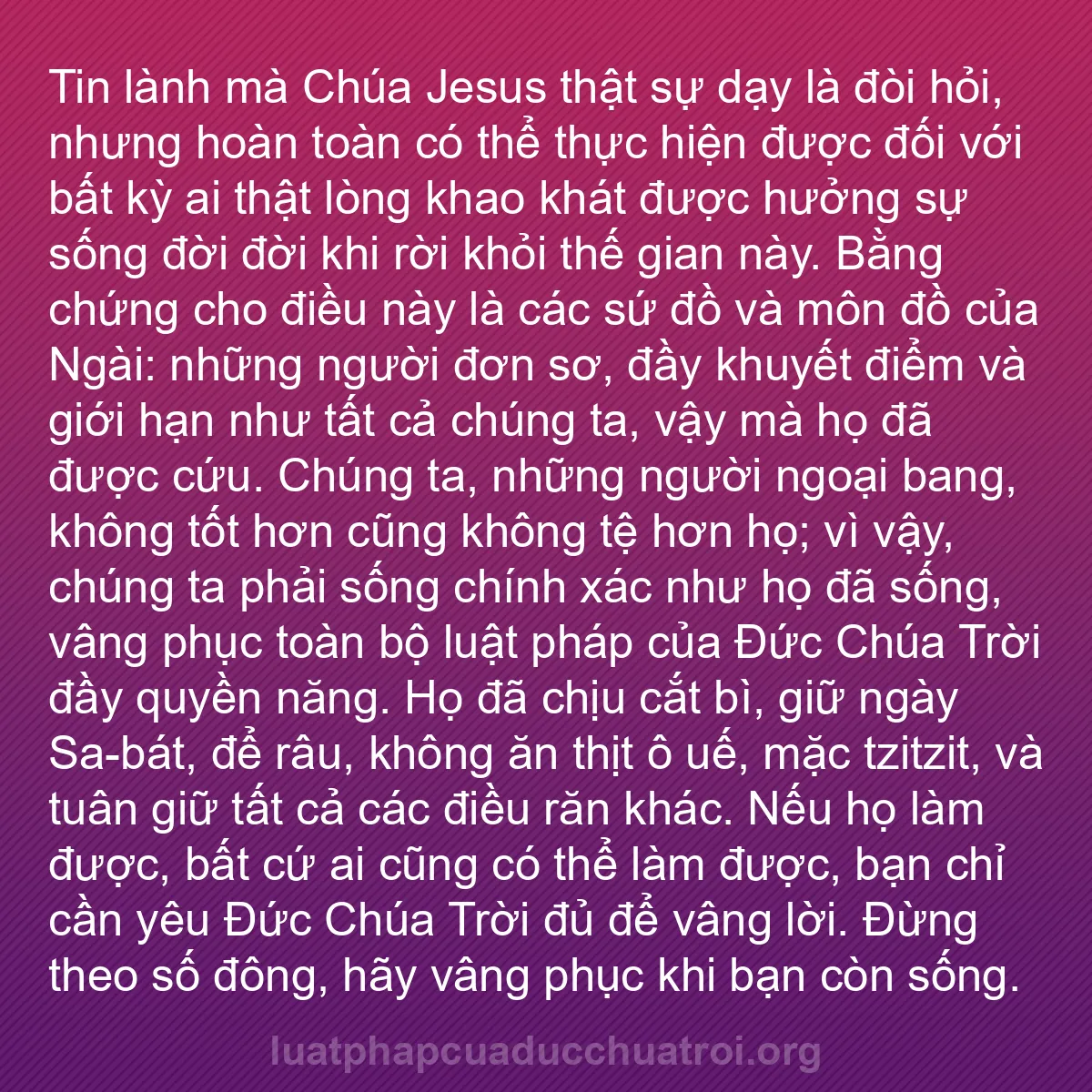 b0141 - Bài đăng về Luật pháp của Đức Chúa Trời: Tin lành mà Chúa Jesus thật sự dạy là đòi hỏi, nhưng hoàn toàn...