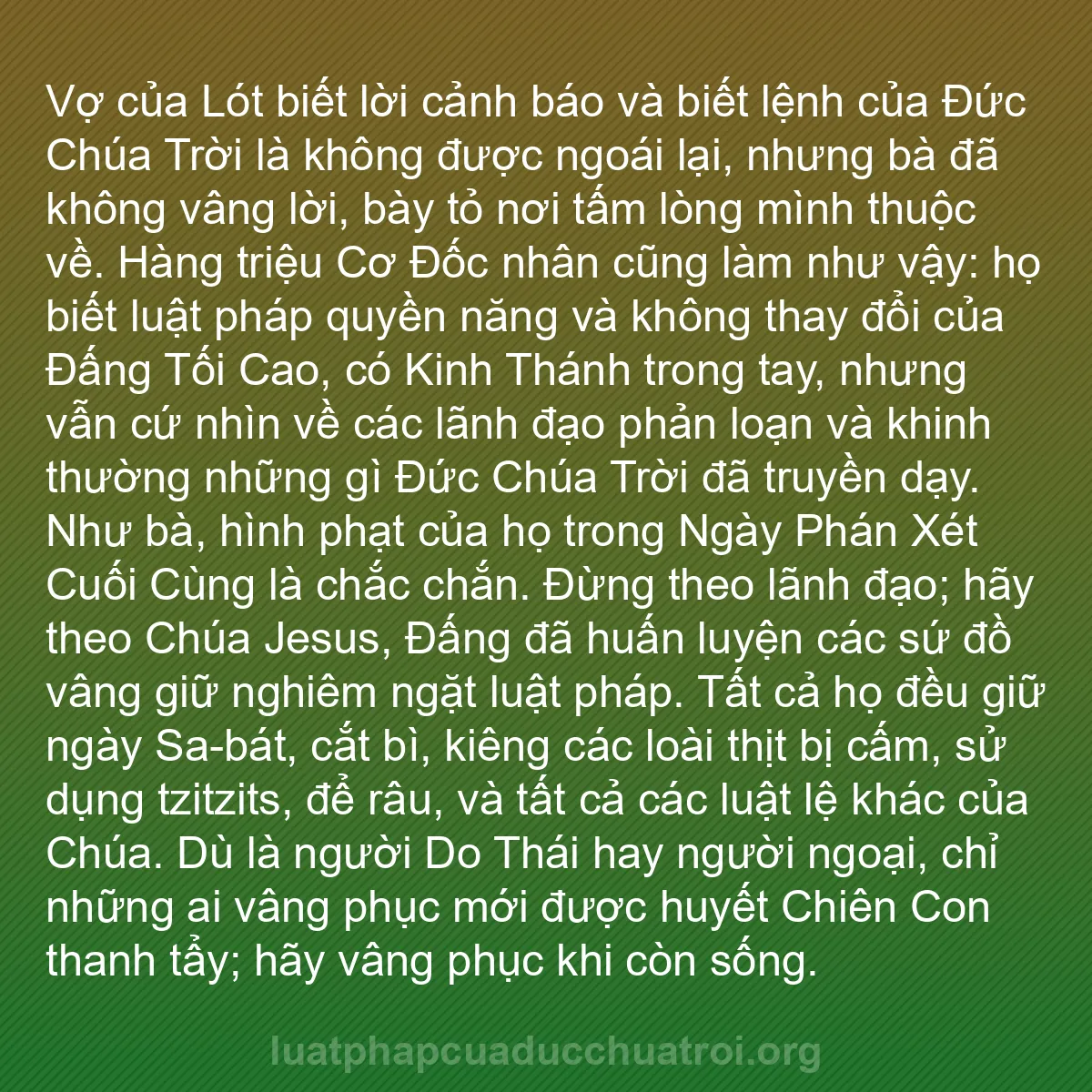 b0276 - Bài đăng về Luật pháp của Đức Chúa Trời: Vợ của Lót biết lời cảnh báo và biết lệnh của Đức Chúa Trời...