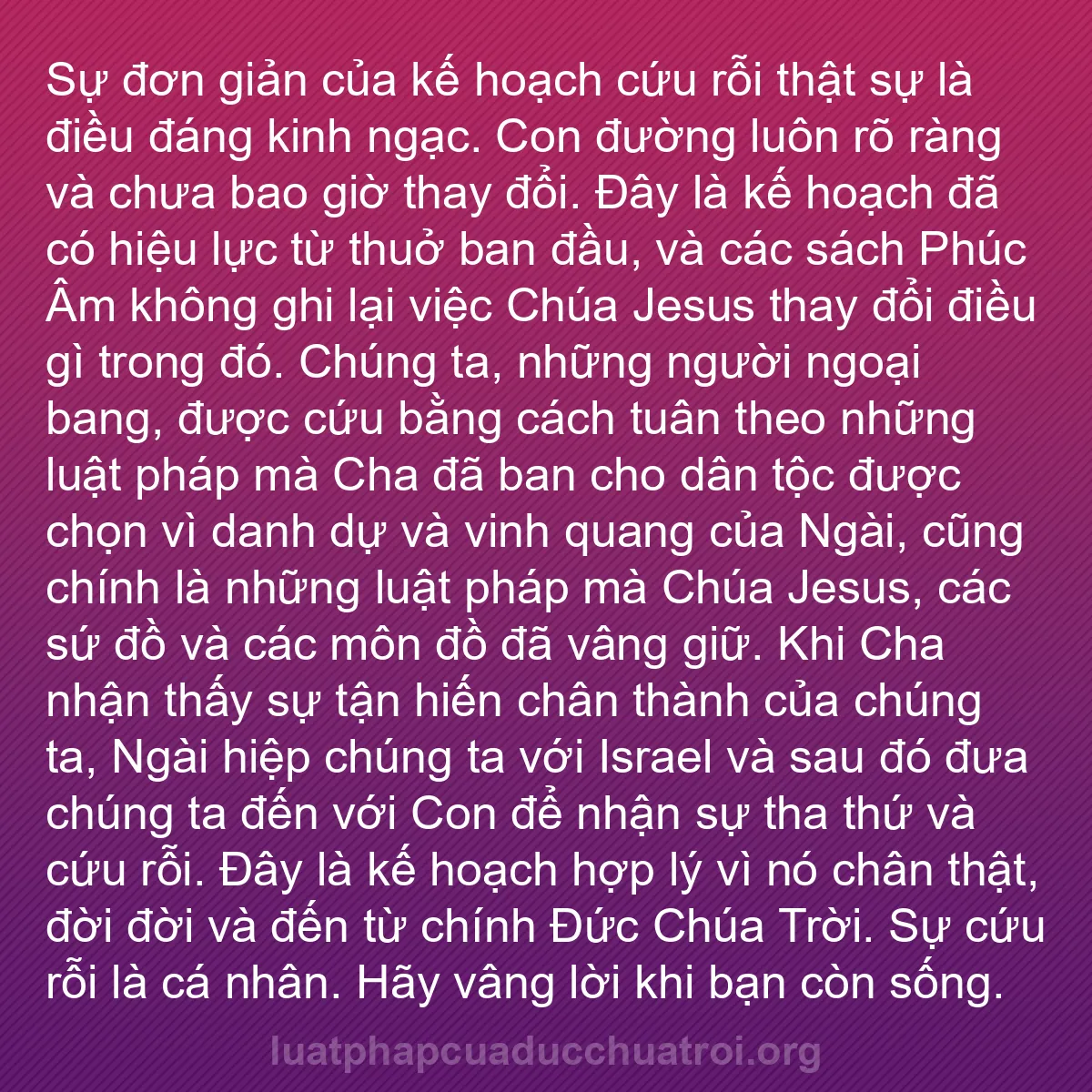 b0301 - Bài đăng về Luật pháp của Đức Chúa Trời: Sự đơn giản của kế hoạch cứu rỗi thật sự là điều đáng kinh ngạc....