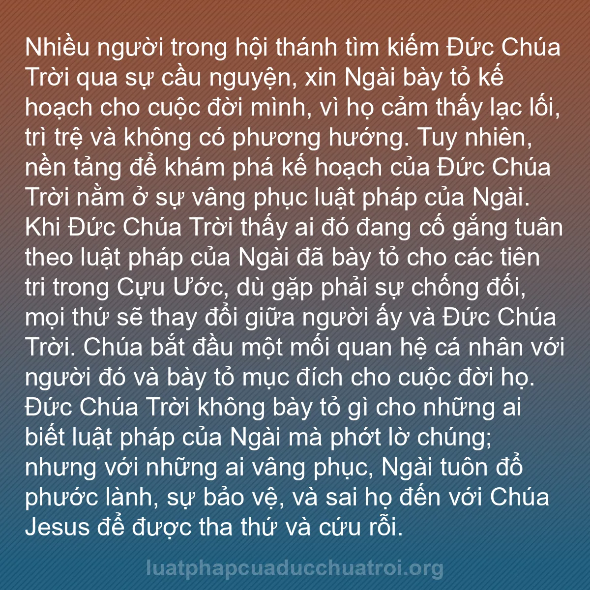 b0472 - Bài đăng về Luật pháp của Đức Chúa Trời: Nhiều người trong hội thánh tìm kiếm Đức Chúa Trời qua sự cầu...